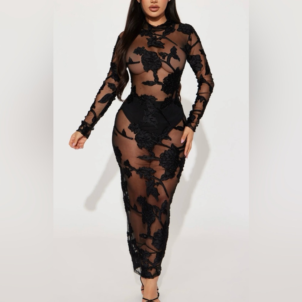 Chic Black Floral Long Sleeve Dress